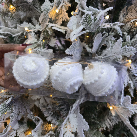 white beaded christmas balls — 3pcs