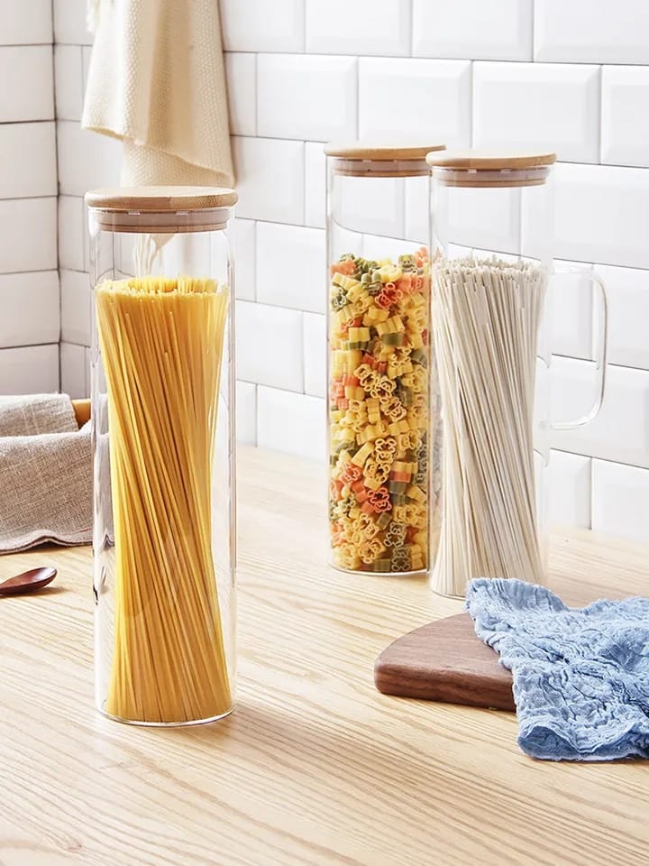 Glass Spaghetti Jar with Bamboo lid and Handle