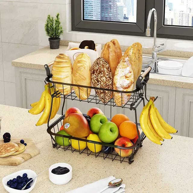 2 tier detachable Nordic metallic fruit/vegetable basket/rack with wooden handles and banana holder