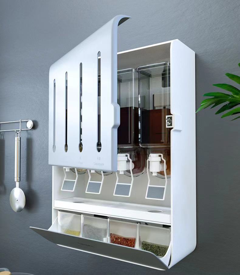 Multipurpose 4-Way Liquid Dispenser with 4 Spice Holders + Spoons