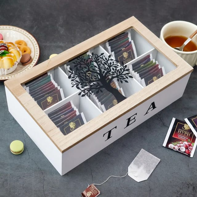 Decorative 6-Slots Wooden Tea Bag Storage Box