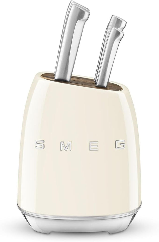 SMEG 6-Piece Knife Block Set in Cream with stainless steel knives including vegetable, utility, meat, santoku, bread and chef's knife in retro 50's style block
