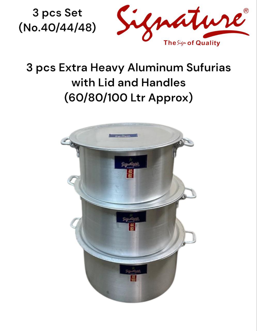Extra Heavy Aluminum Sufurias with Lid and Handles 3 pcs