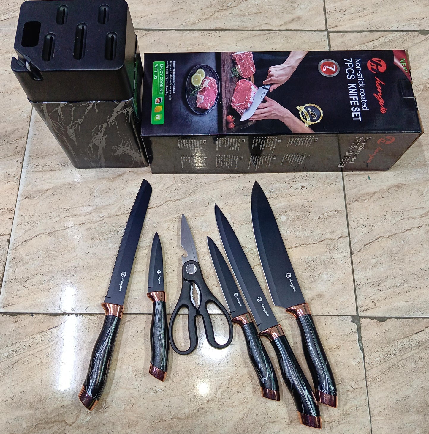 Marble coated 7pcs knife set come with box has a knife sharpening pot