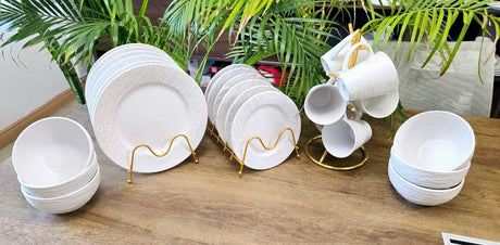 Luxury White Textured Ceramic Dinner Set with Gold Racks & Mug Stand – Complete Dining Collection