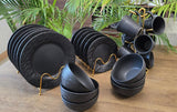 Luxury Black Stoneware Dinner Set with Gold Racks – Complete Tableware Collection,plates,bowls,sideplate,cups