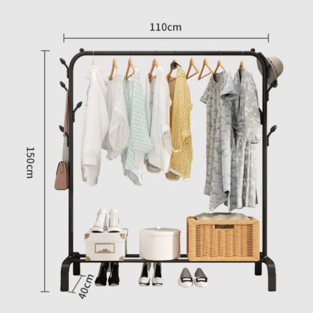 Clothing Rack With Lower Storage Shelf for Boxes /Shoes And Side Hooks