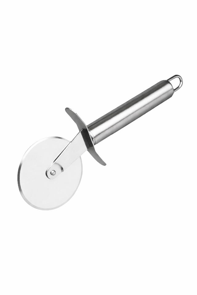 Stainless steel pizza cutter with a sharp rotating blade and ergonomic handle, designed for smooth, precise slicing and easy cleaning