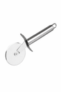 Stainless steel pizza cutter with a sharp rotating blade and ergonomic handle, designed for smooth, precise slicing and easy cleaning