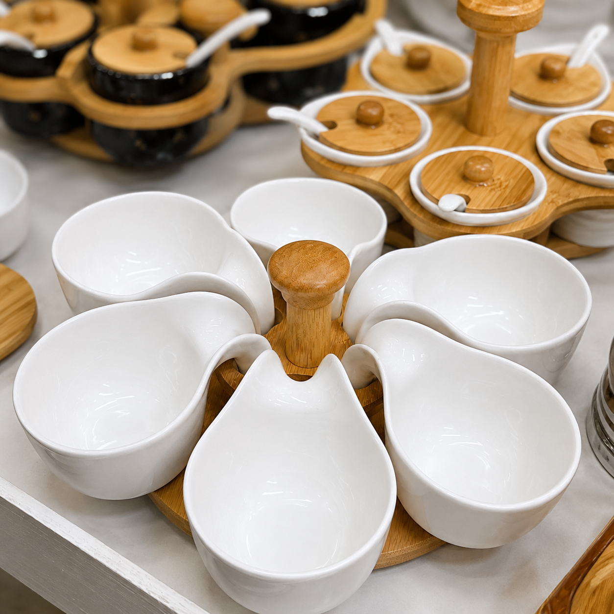 6-Piece Ceramic Condiment Bowl Set with Bamboo Rotating Stand spn