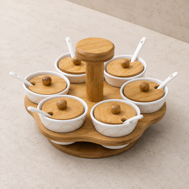 6-Piece Ceramic Spice Jar Set with Bamboo Rotating Stand & Spoons spn