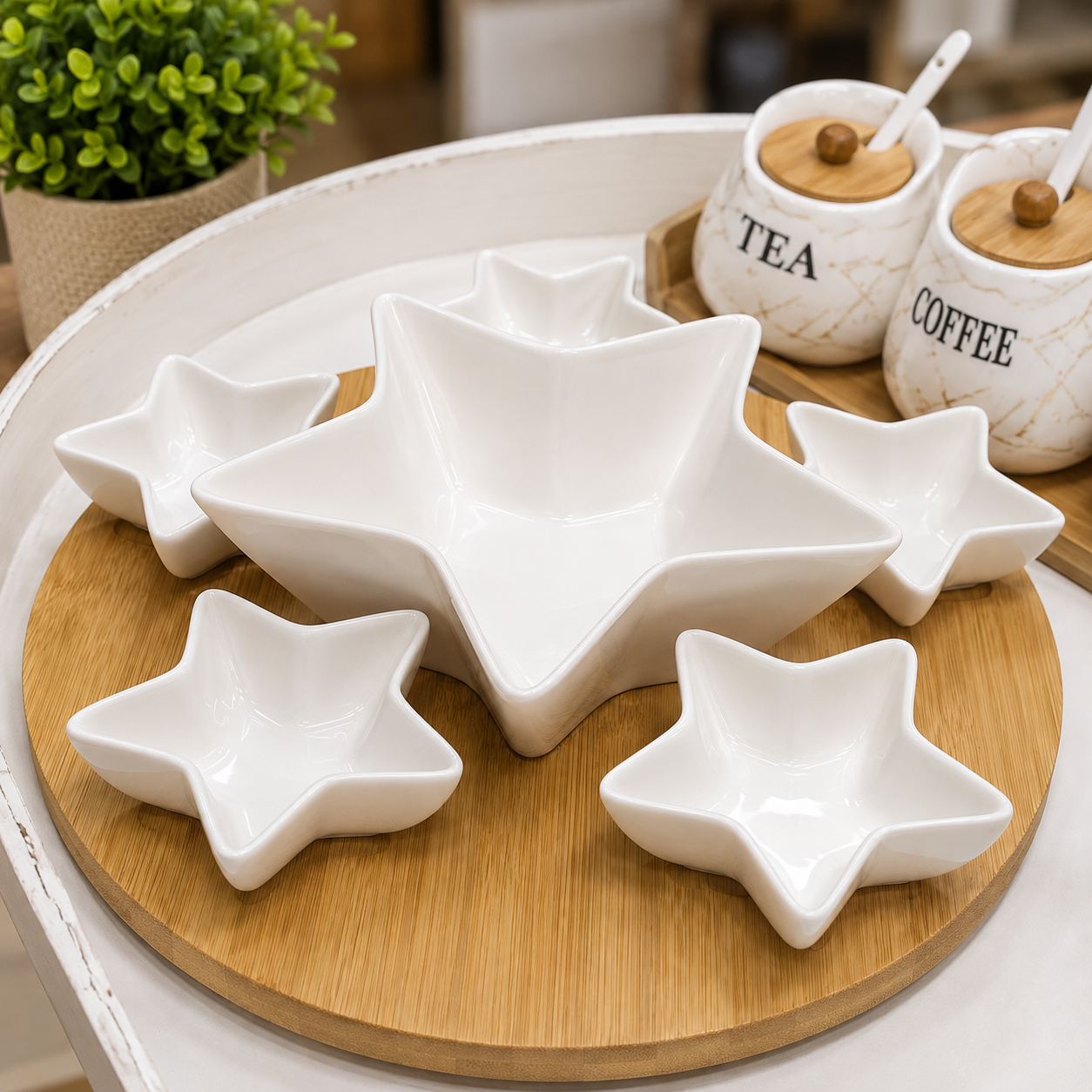 6-Piece Ceramic Star Serving Bowl Set with Bamboo Tray