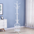 White coat rack with shelves in a room with a blue wall and white curtains.