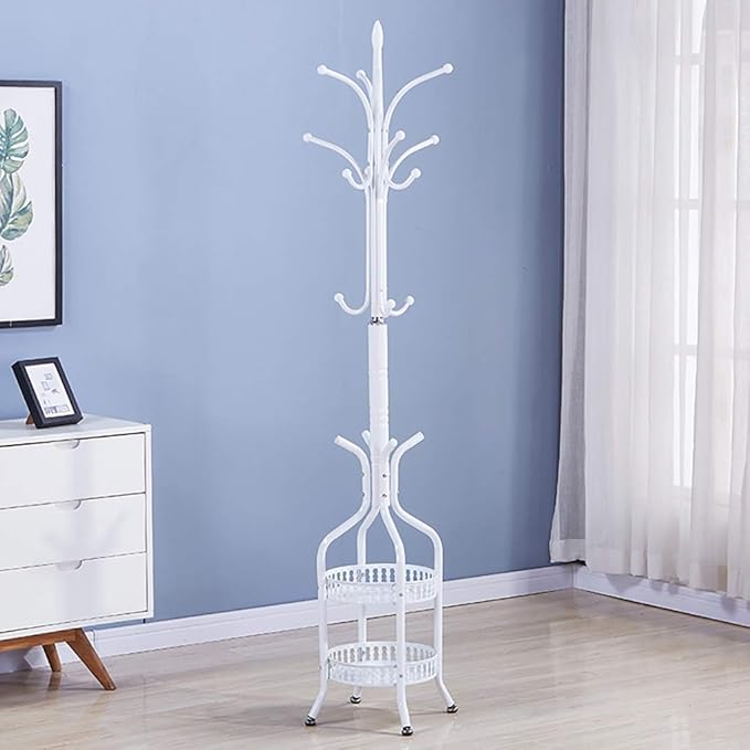 White coat rack with shelves in a room with a blue wall and white curtains.