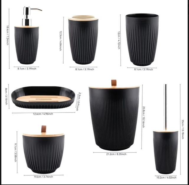 Ribbed Bathroom Accessories Set with Bamboo Lids — 7 Pieces