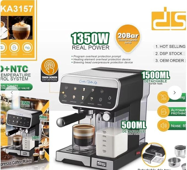 Professional Espresso Machine, 2 Separate Boiler System, 20 Bar Pressure, 1500ml Water Tank, 500ml Milk Tank, LED Touch Screen, 1350W, Black and Silver