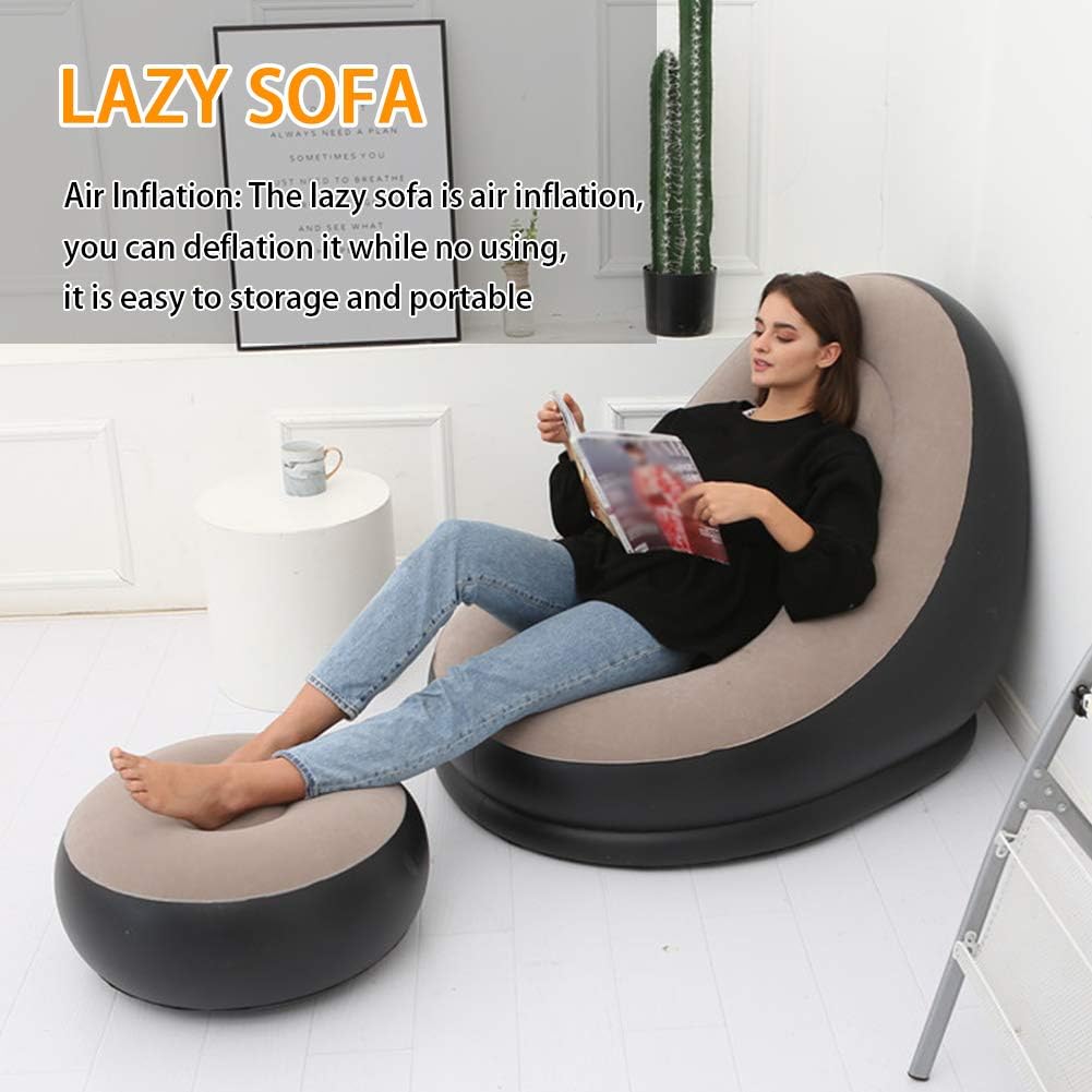 Inflatable Lounge Chair for Adults, Folding Portable Lazy Sofa with Foot Stool Lazy Flocking Recliner Chair Air Couch Sofa