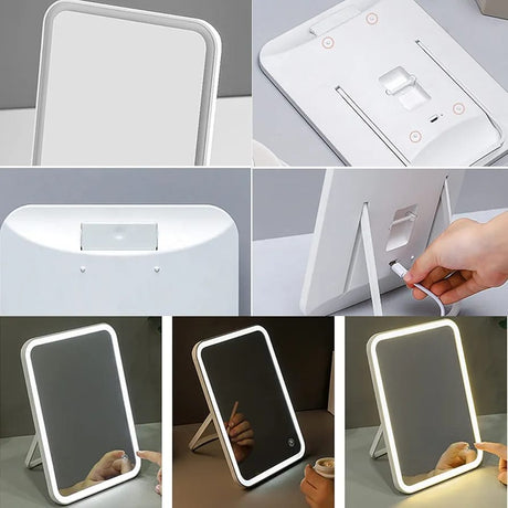 Rechargeable Travel Make-Up Mirror

Lighting: Three-color stepless dimming – warm, natural, and cold light

Design: No-frost, hard anti-scratch material

Battery: 2000mAh rechargeable battery

Stand: Adjustable stand

Mounting: Can be wall-mounted or placed on a surface