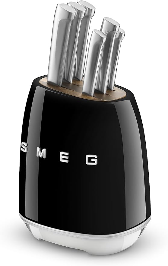 SMEG 6-Piece Knife Block Set in Cream with stainless steel knives including vegetable, utility, meat, santoku, bread and chef's knife in retro 50's style block