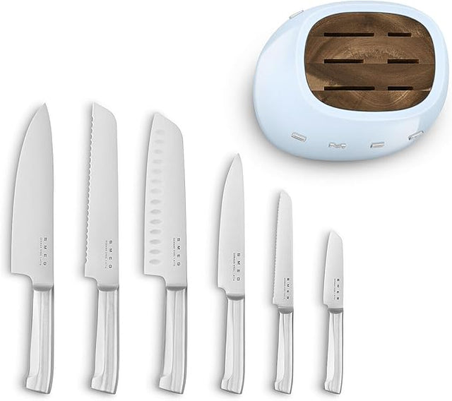 SMEG 6-Piece Knife Block Set in Cream with stainless steel knives including vegetable, utility, meat, santoku, bread and chef's knife in retro 50's style block