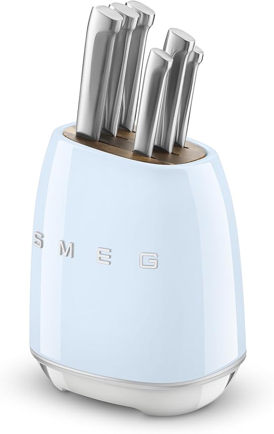 SMEG 6-Piece Knife Block Set in Cream with stainless steel knives including vegetable, utility, meat, santoku, bread and chef's knife in retro 50's style block