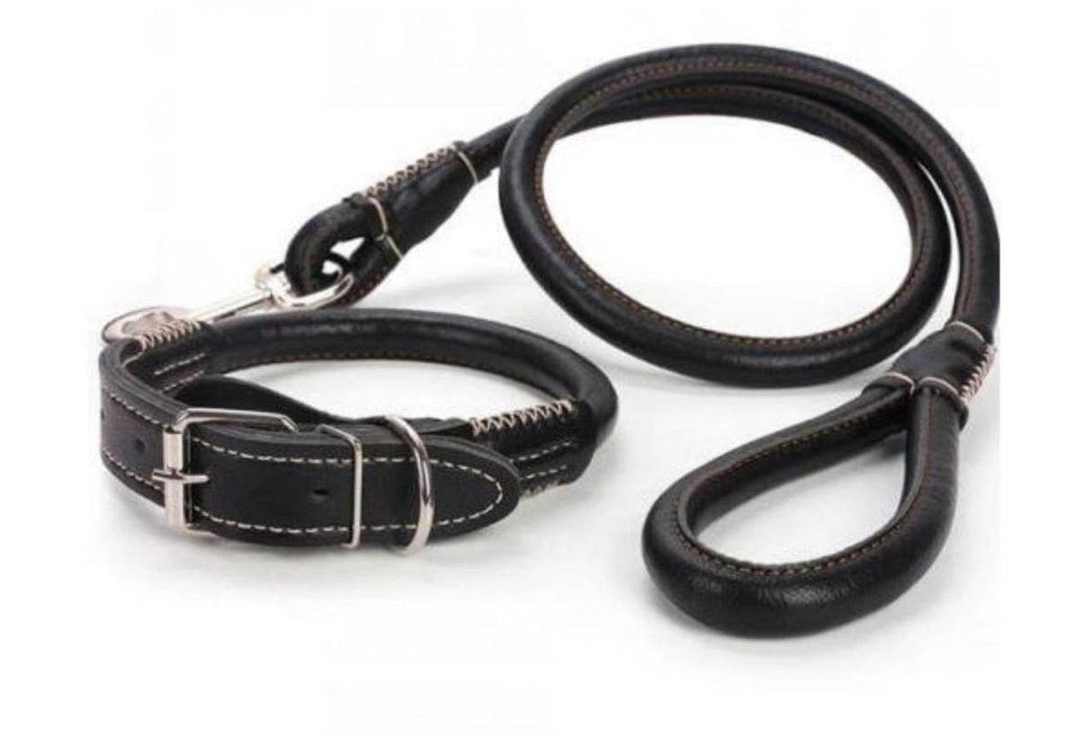 Easy-Grip Rolled Leather Dog Collar & Leash Set