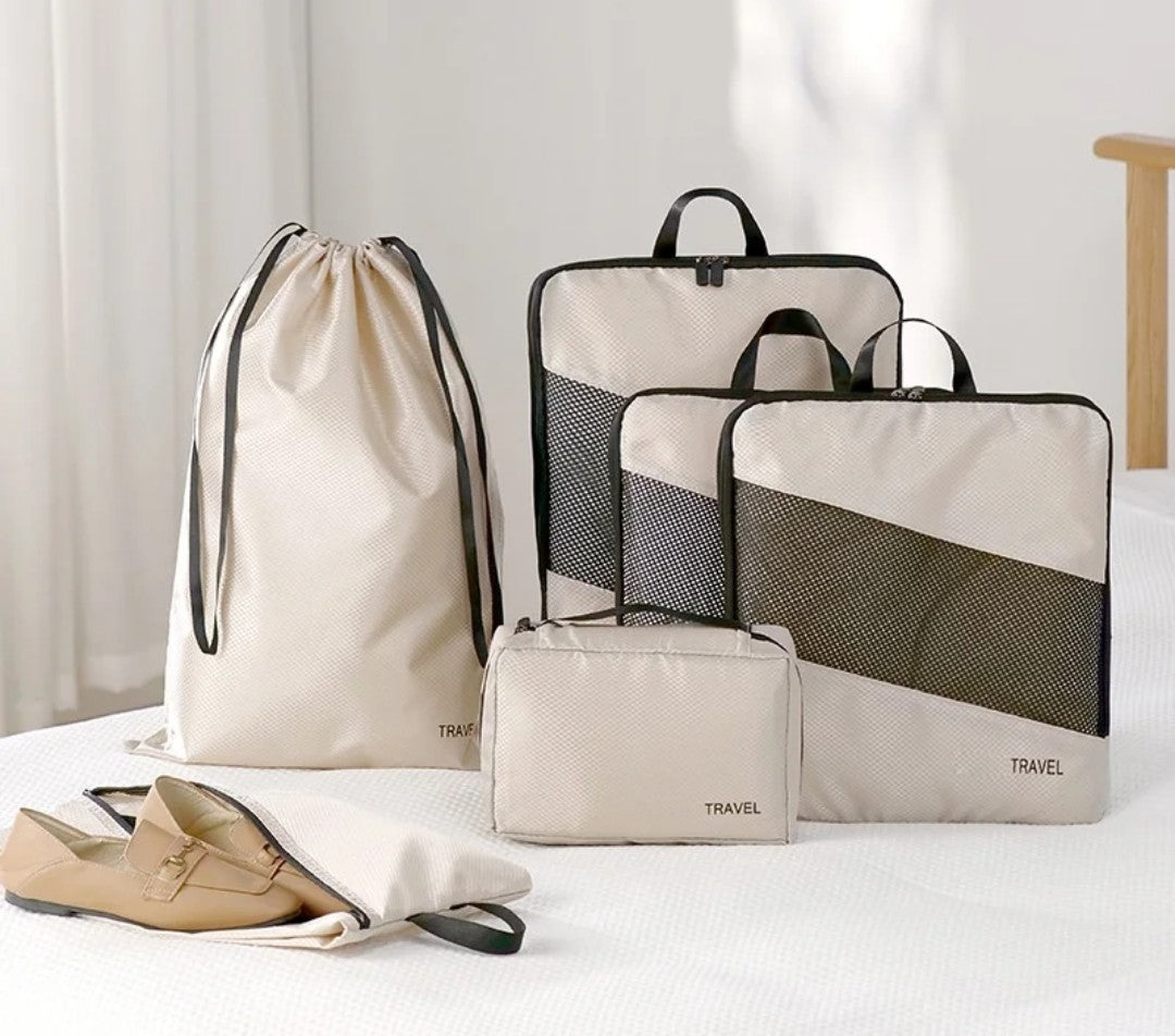 6PCS Beige Double Zipper Travel Packing Cubes Set  grc