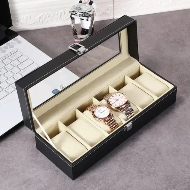 6 Slot Watch Box — PU Leather Organizer with Glass Lid nje
