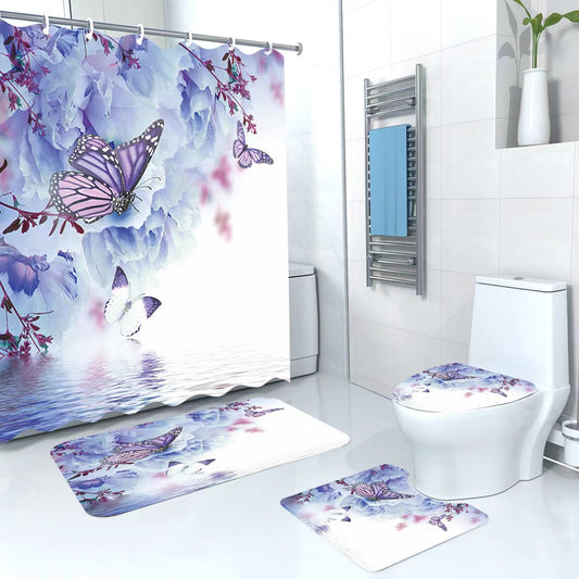 3D 4 in 1 Bathroom Woolen Mats with a Waterproof Shower Curtain