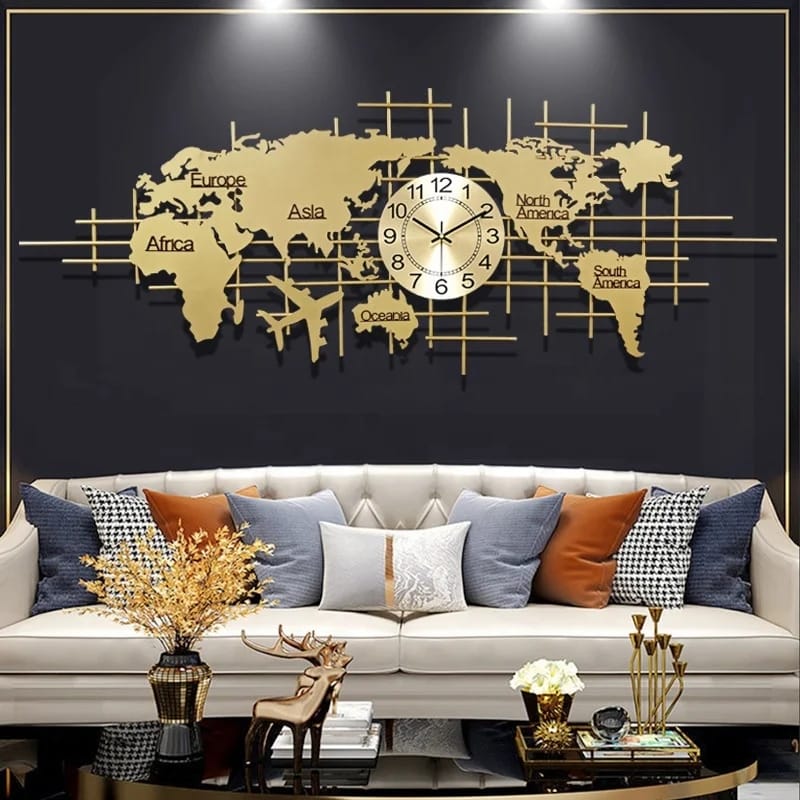 Large size Decorative World Map Metallic Silent Wall clock