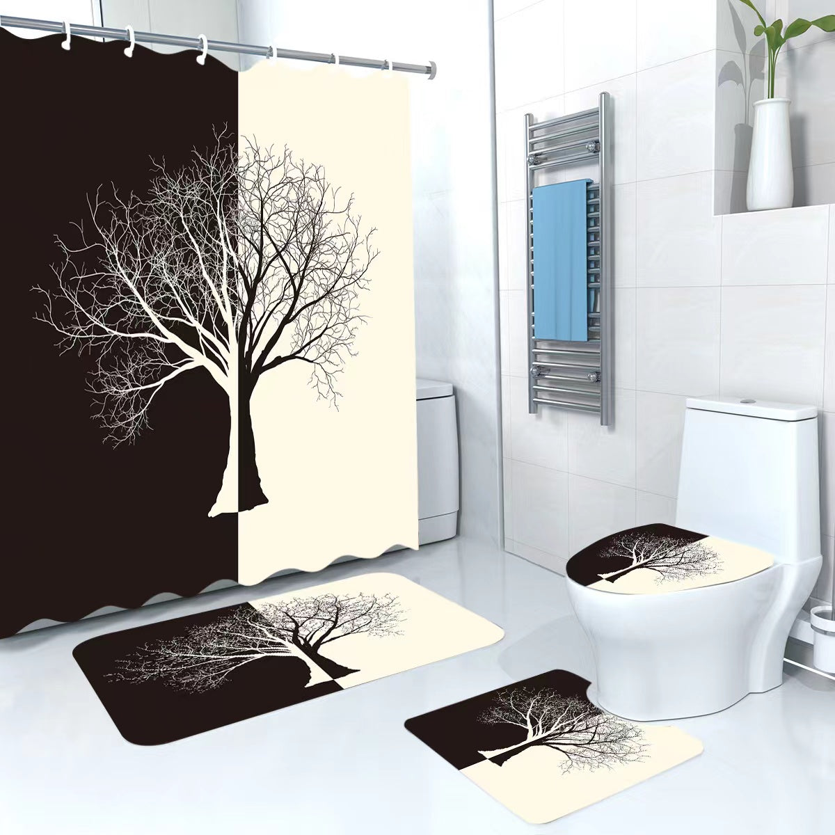 3D 4 in 1 Bathroom Woolen Mats with a Waterproof Shower Curtain