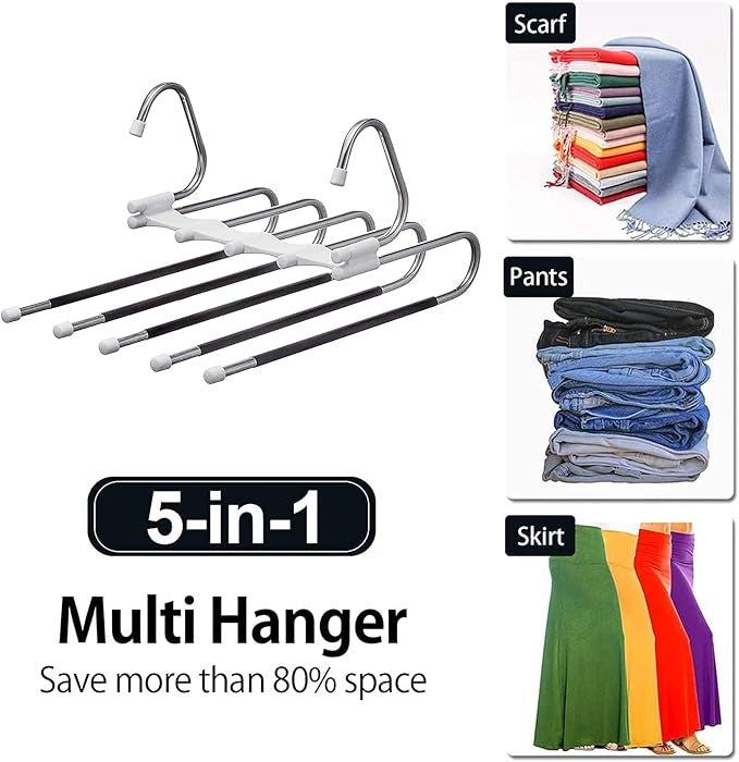 Trouser Hangers Space Saving 5 in 1 Non-Slip Multifunctional Trouser Stand Stainless Steel Foldable Magic Hanger for Trousers, Jeans, Clothes, Scarves, Towels