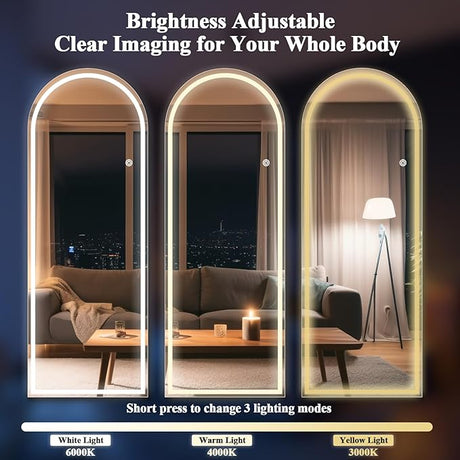 Arched LED Mirror Full Length60*170cm Full Body Floor Mirror with Light, Wall Mounted Standing for Bedroom, Dressing Room, 3 Color Lighting, White