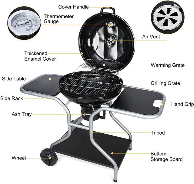 Charcoal BBQ Grill with Lid and Wheels – Outdoor Smoker 58 cm cooking surface