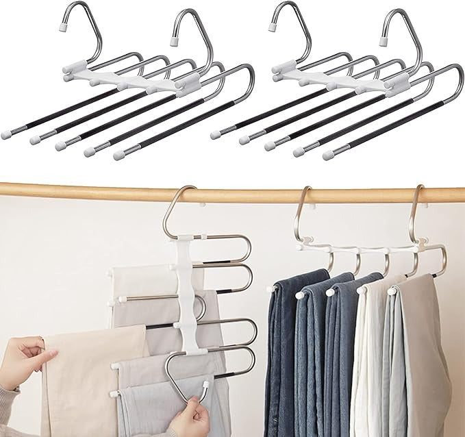 Trouser Hangers Space Saving 5 in 1 Non-Slip Multifunctional Trouser Stand Stainless Steel Foldable Magic Hanger for Trousers, Jeans, Clothes, Scarves, Towels