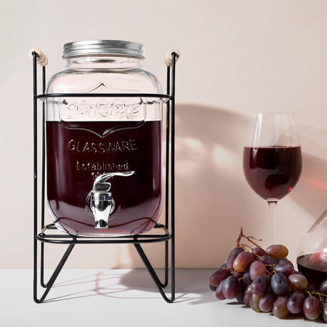 Glass Beverage Dispenser with Metal Stand &amp; Wooden Handle – 8L Capacity