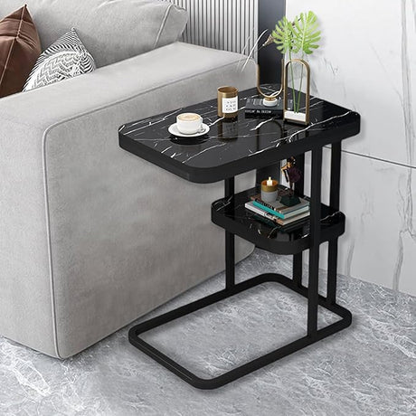 Modern white marble C-shaped side table with a black metal frame and lower storage shelf, perfect as a sofa side table, bedside table, laptop table, or accent table.