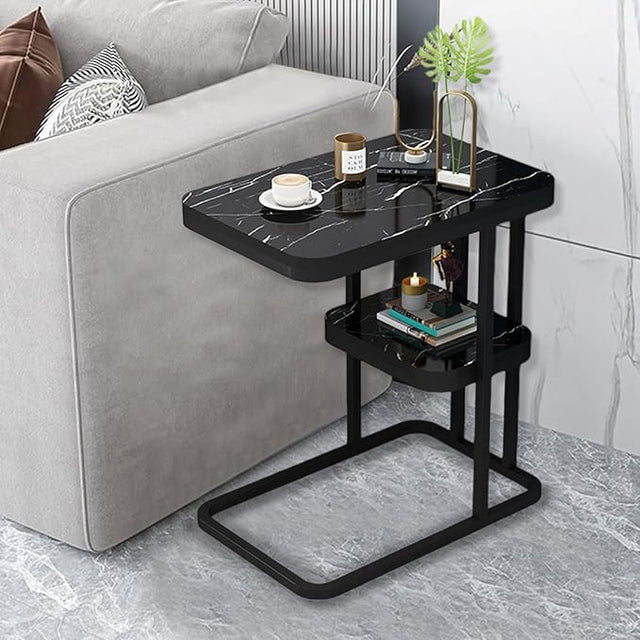 Modern white marble C-shaped side table with a black metal frame and lower storage shelf, perfect as a sofa side table, bedside table, laptop table, or accent table.