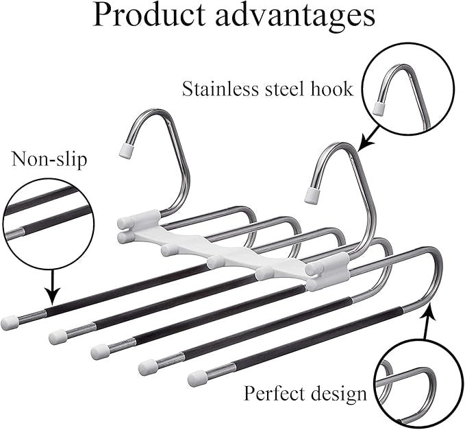 Trouser Hangers Space Saving 5 in 1 Non-Slip Multifunctional Trouser Stand Stainless Steel Foldable Magic Hanger for Trousers, Jeans, Clothes, Scarves, Towels