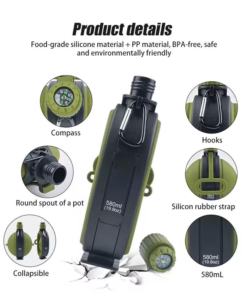 camping outdoor Foldable Silicone Water Bottle With Compass 580 ml