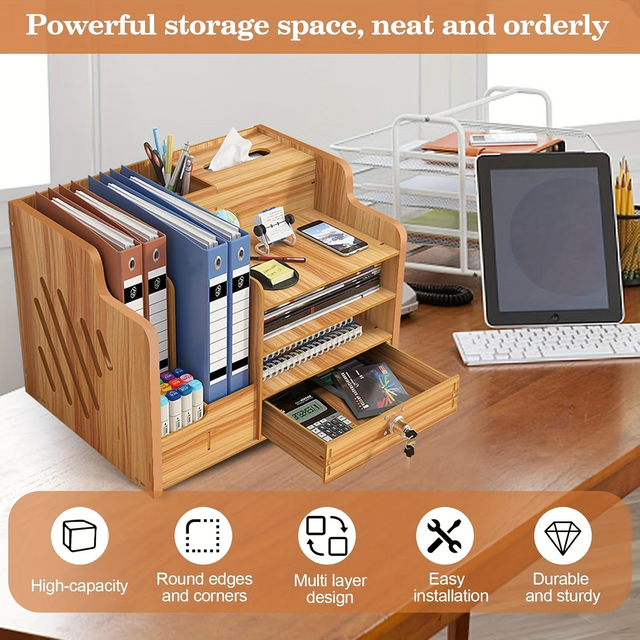 Bamboo Desk Organizer, Desktop Wood Bookshelf File Organizer, Pen Holder and Tissue Holder
