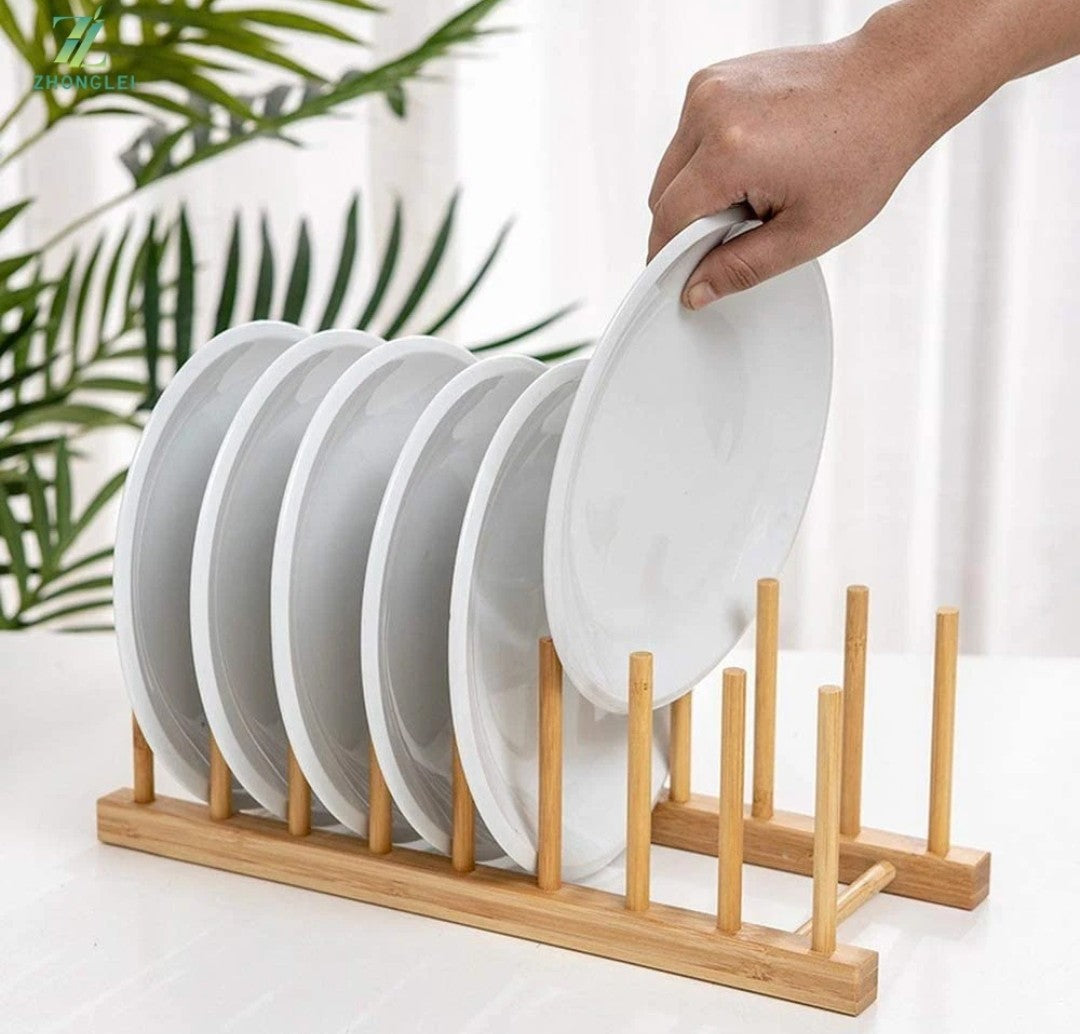 7 Slot Bamboo Plate Rack Holder | Pot Lid, Cutting Board & Dish Organizer grc