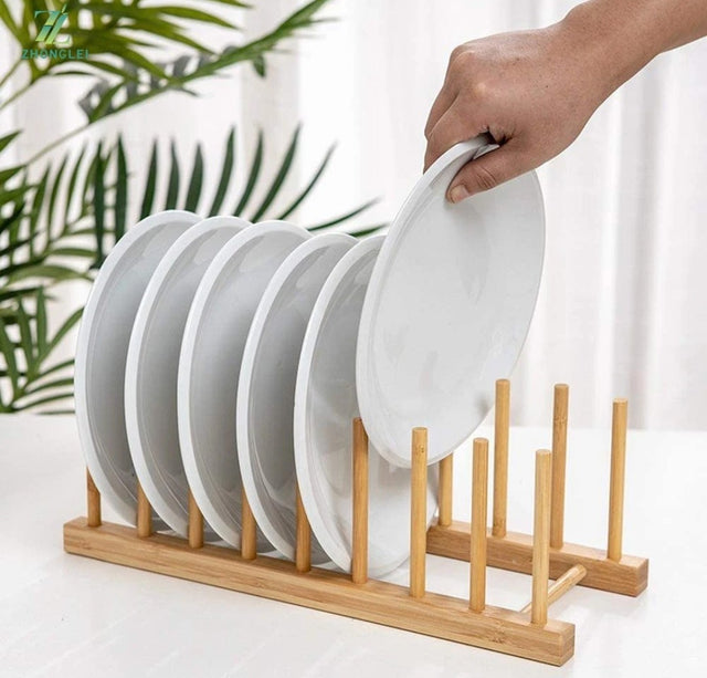 7 Slot Bamboo Plate Rack Holder | Pot Lid, Cutting Board & Dish Organizer grc