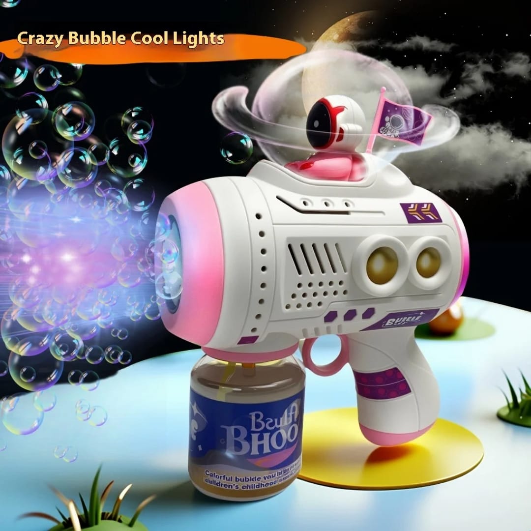 Toy bubble gun with colorful lights and bubbles on a space-themed background