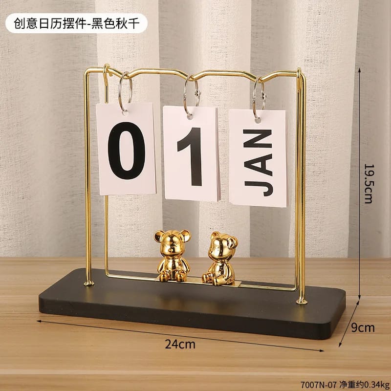 Creative Wood And Iron Perpetual Calender With Bear Pendilum Swing