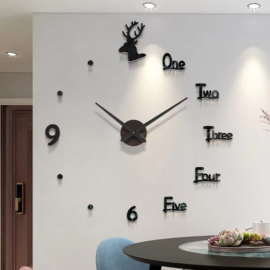 Roman Numeral Acrylic Mirror Wall Clock Sticker With Deco Deers 3D Large