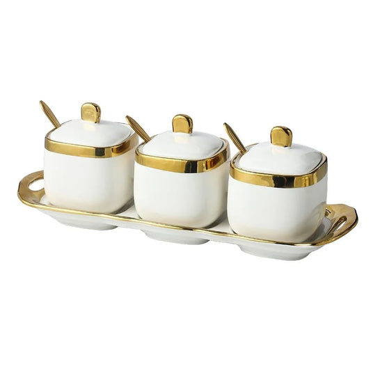 3pc ceremic canister set with tray and teaspoon