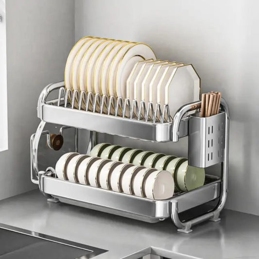 2-Tier Kitchen Chrome plated Dish Rack with drain tray