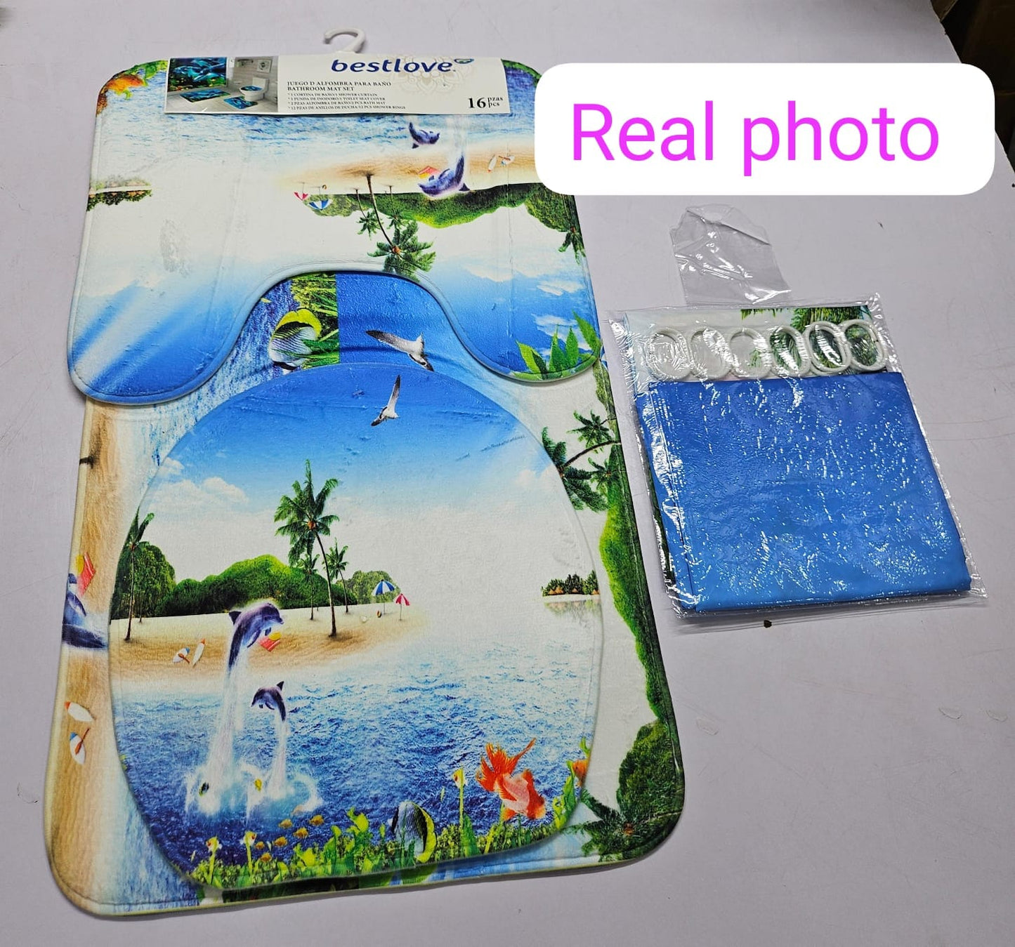 3D 4 in 1 Bathroom Woolen Mats with a Waterproof Shower Curtain