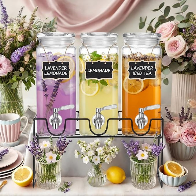 3 Pack Tall Glass Drink Dispenser with Stand, Lid, Label and Stainless Steel Leakproof Spigot Beverage Water Dispenser